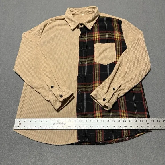 Mens Corduroy Shirt XXL Khaki Long Sleeve Button Up Flannel Plaid Shacket - Picture 2 of 14